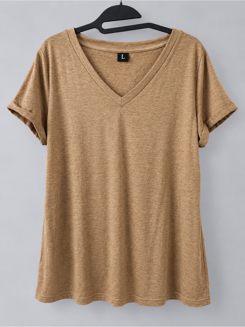 Women’s Large Camel Brown V Neck Rolled Sleeve Relaxed T Shirt